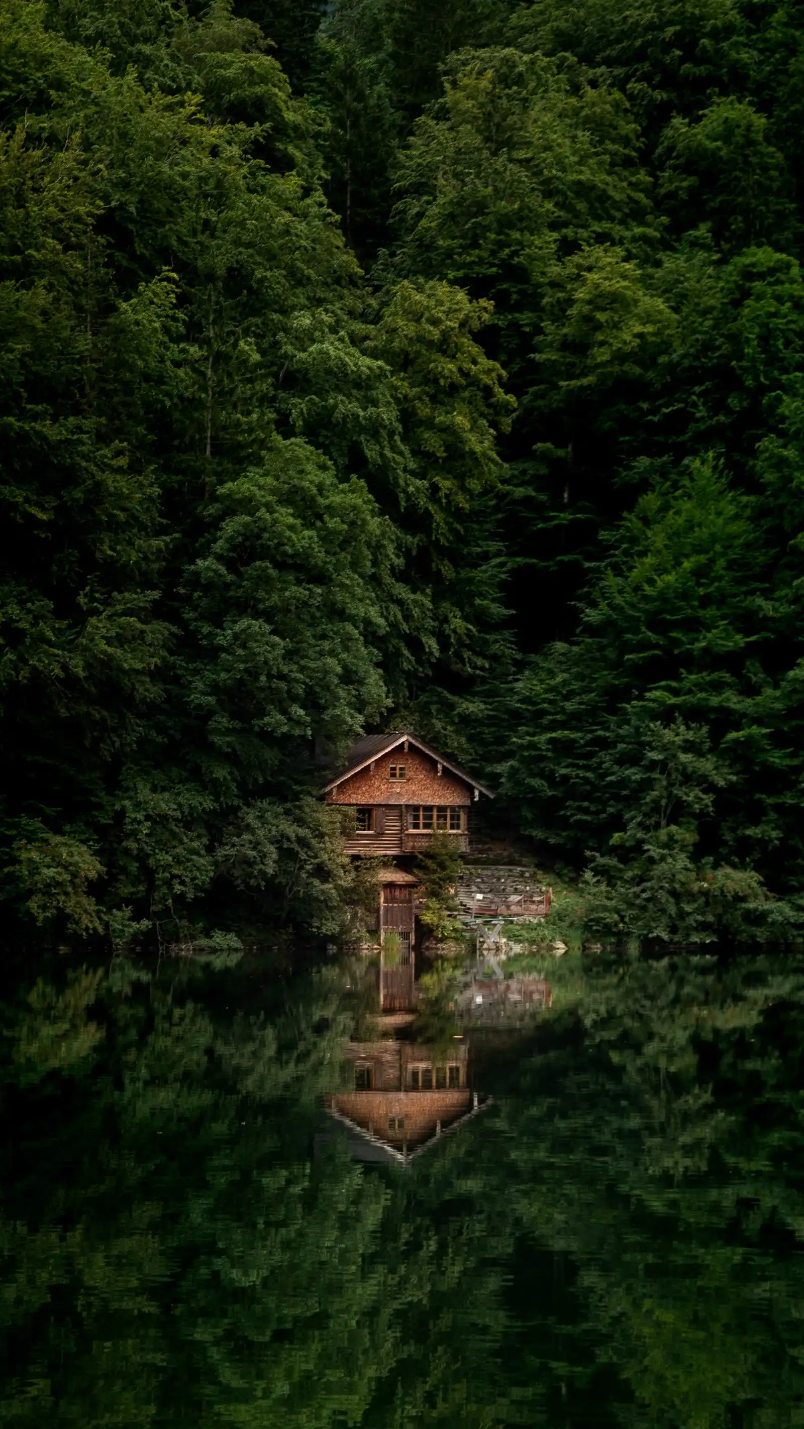 Kabin kayu di tepi danau yang dikelilingi hutan